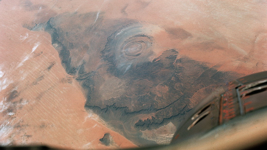 The Richat structure, photographed by astronauts on board Gemini IV. The Richat structure, photographed by astronauts on board Gemini IV.